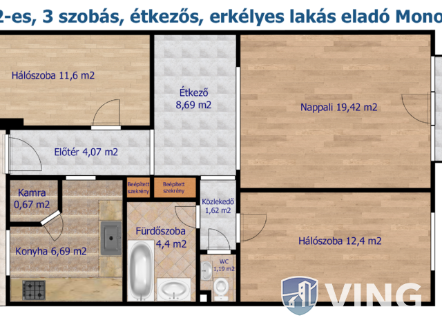 70 m2-es, 3 szobás, étkezős, erkélyes lakás eladó Monoron
